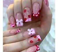 Kabwea 24 Pieces Square Strawberry Nail Art, Press on Nails, Stick-on Nails, Fake Nails