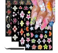 Kabwea 4-Piece 5D Summer Flower Nail Art Stickers & Black Tweezer, Multi-colored Floral Nail Stickers
