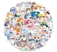 Kabwea 50 Cute Cartoon Cat Stickers, Multi-colored Vinyl Cat Stickers, Perfect for Laptops, Notebooks & More, Indoor Use