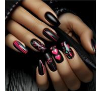 Kabwea Press On Nails Medium Square Shape 24 Pieces Fake Nails Black and Gold Design Valentine Press On Nails
