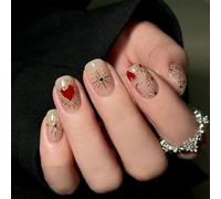 Kabwea Press On Nails Set, 30 pieces Medium Almond Shape Artificial Glue-On Nails, Red Black Design With Lines, Valentine Press On Nails