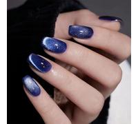 Kabwea Short Blue Press-On Nails Set With 24 Cat Eye Nails, Durable And Natural Artificial Nails, Perfect For Travelling And Gifts