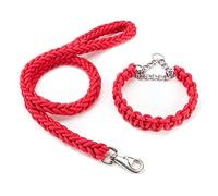 Kabxhueo Half Choke Braided Dog Collar and Lead Set 4FT Strong Durable Dog rope Leash Heavy Duty Nylon and Metal Chain Half Check Collars for Small, Medium, Large Dogs,Red,M