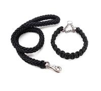 Kabxhueo Strong Rope Dog Lead and Collar Set 4FT Durable Braided Dog Collars and Leads Set Nylon Rope Leashes with Heavy Duty Clips Slip Lead Collar with Metal Chain for Small Medium Large Dogs, Black
