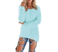 Kabxryaclo Womens Jumper Sweater Mohair Knitted Plain Long Sleeve Round Neck Top Knitwear for Women(XL(12),Blue)