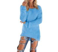 Kabxryaclo Womens Jumper Sweater Mohair Knitted Plain Long Sleeve Round Neck Top Knitwear for Women(2XL(12-14),Blue)