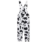 KACAOAC Women's Casual Cow Print Bib Overalls Cotton Pocketed Wide Leg Pants Jumpsuits, Black White, XXS