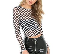 KACAOAC Women's Long Sleeve Checkered Print Sexy See Through Sheer Mesh Crop Top Tee T Shirts, Black Checkered, S