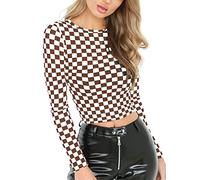 KACAOAC Women's Long Sleeve Checkered Print Sexy See Through Sheer Mesh Crop Top Tee T Shirts, Brown Checkered, XXL