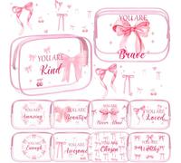 Kacctyen 10 Pcs Clear Pink Bow Makeup Bag 7 x 4.7 x 2.4'' Inspirational Coquette Stuff Cosmetic Bag Bulk Positive Affirmations Pink Bow Toiletry Pouch Waterproof PVC for Girls Women Nurse Team Bestie