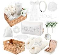 Kacctyen 16 Pcs Bride Gift Basket Ideas Bridal Shower Gifts Boxes Include Wicker Basket Bride Makeup Bag Slippers Pearl Headband Jewelry Box Hair Bow Veil and More for Bridal Stuff Engagement Gifts
