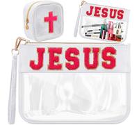 Kacctyen 2 Pcs Jesus Chenille Letter Patch Clear Travel Makeup Bags, PVC Organizer Purse, Portable Multi Purpose Faith Inspired Gift for Women, White, Faith and Inspiration Design