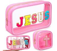 Kacctyen 2 Pcs Jesus Chenille Letter Patch Small Cross Makeup Bag Set Transparent Portable Multi Purpose Medicine Bag for Women Clear Toiletry Pouch Cosmetic Storage Organizer for Travel Gift, pink