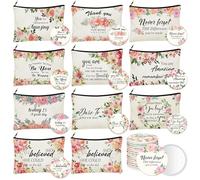 Kacctyen 20 Pcs Employee Appreciation Gifts Canvas Cosmetic Bags Bulk Inspirational Quotes Makeup Bags with Zipper Round Portable Pocket Compact Mirrors Thank You Gifts for Women Teacher Birthday,