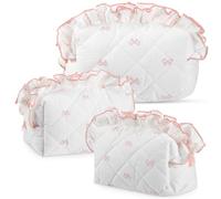 Kacctyen 3 Pcs Coquette Pink Bow Quilted Makeup Bag Set Cute Aesthetic Ruffles Cosmetics Bag Preppy Travel Makeup Pouch for Women Girl Toiletry Pencil Pouch Large Small Size