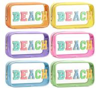Kacctyen 6 Pcs Chenille Letter Clear Makeup Bag Preppy Patch Makeup Bag with Zipper Transparent PVC & Nylon Waterproof Travel Toiletry Cosmetic Pouch for Women Gift, Vibrant Colors