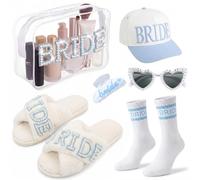 Kacctyen 6 Pcs Something Blue Gift for Bride to Be Bridal Shower Bachelorette Gifts for Bride Include Slippers Makeup Bag Heart Sunglasses Baseball Cap Socks Hair Claw Clip for Wedding Engagement