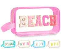 Kacctyen Clear Beach Swim Spf Makeup Bag Preppy Chenille Letter Cosmetics Bag Nylon Toiletry Bag Waterproof Monogram Makeup Travel Pouch Snack Bags for Women, Pink, Beach