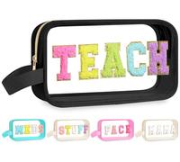 Kacctyen Clear Beach Swim Spf Makeup Bag Preppy Chenille Letter Cosmetics Bag Nylon Toiletry Bag Waterproof Monogram Makeup Travel Pouch Snack Bags for Women, Black, Teach