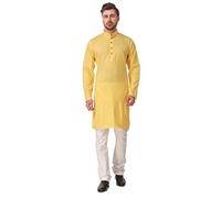 kacery Men's Indian Cotton Kurta Pajama Plain Knee Length AN533 Yellow 46