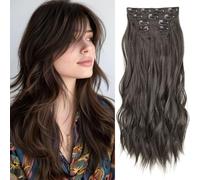 Kachanaa 16 Inch Clip in Hair Extensions Long Wavy Synthetic Hair Extension Chocolate Brown 4 Pcs Thick Hair Pieces Fiber Double Weft Hair for Women /4#