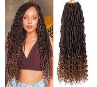 Kachanaa 18 Inch Goddess Faux Locs Crochet Hair 7 Packs Ombre Brown Soft Locs Crochet Braids with Curly Ends Pre-Looped Synthetic Bohemian Locs Braiding Hair for Women /T30#