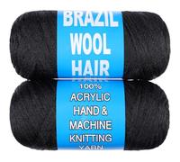 Kachanaa 2 Roll Natural Black Brazilian Wool Hair Yarn for Jumbo Braids Acrylic Hand Knitting Roll for Soft Faux Locs Goddess Locs Hair Extension Senegalese Twist Crochet Hair for Women 1B#