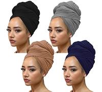 Kachanaa 4 Pcs African Turbans Head Wraps Jersey for Black Women Stretch Scarf Urban Long Solid Color Breathable Soft Head Bands for Sleeping/Black, Camel, Navy, Dark Grey