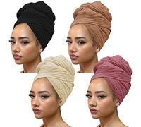 kachanaa 4 Pics Solid Color Stretch Knit Head Wrap Extra Long African Head Scarf Breathable Turbans for Women/Black, Camel, Dark Pink, Beige