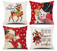 KACOPOL Christmas Decorations Pillow Covers 20×20 Set of 4 Snowflake Santa Snowman Deer Bird Candy Cane Xmas Rustic Winter Holiday Throw Pillows Christmas Decor Cushion Cases K031 (20"x20", Red)