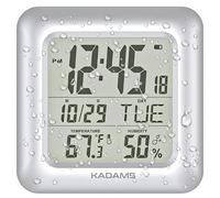 KADAMS Bathroom Digital Clock with Large LCD Screen - Shower Wall Clock with Timer Water Resistant Temperature & Humidity Display Calendar Display 4 Mounting Options,Silver