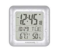 KADAMS Bathroom Digital Clock with Large LCD Screen - Shower Wall Clock with Timer - Water Resistant - Temperature & Humidity Display - Calendar Display - 4 Mounting Options Silver