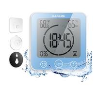KADAMS Digital Bathroom Shower Kitchen Clock Timer with Alarm, Waterproof for Water Splashes, Visual Countdown Timer, Time Management Tool, Indoor Temperature Humidity, Suction Cup, Hole Stand - Blue