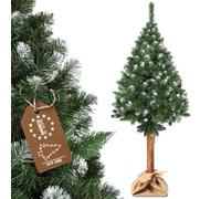 KADAX Artificial Christmas Tree 5ft, Snow Flocked Xmas Tree on Natural Pine Trunk, Green Holiday Tree with Diamond Crystals and Plastic Stand