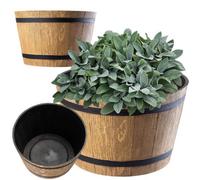 Kadax Barrel Planter, Plastic Plant Pot For Indoor And Outdoor Use, Weatherproof Rustic Flower Pot, Round (23Cm, Light Brown)
