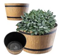 KADAX Barrel Planter, Plastic Plant Pot for Indoor and Outdoor Use, Weatherproof Rustic Flower Pot, Round Garden Planter (⌀ 23 cm, Light Brown)