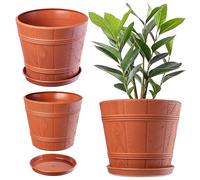 KADAX Barrel Planter, Plastic Plant Pot with Saucer for Indoor and Outdoor Use, Weatherproof Rustic Flowerpot for Balcony (⌀ 22 cm, Terracotta)