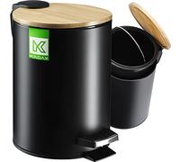 KADAX Bathroom Bin 3L, Small Toilet Trash Bin with Foot Pedal and Internal Bucket, Powder-Coated Steel Waste Bin with Bamboo Lid (Black)