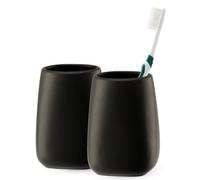 Kadax Bathroom Tumbler 8 X 11 Cm, Ceramic Toothbrush Holder, Matte Cup For Toothpaste, Razor And Toiletries (Black Pack Of 2)