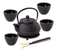 Kadax Cast Iron Kettle With Tea Cups, Japanese Cast Iron Tea Set, Traditional Tea Set With Mesh Filter And Tea Mug (Set, Black)