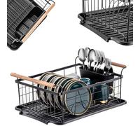 KADAX Dish Drainer (Black) - Powder-coated Steel Wire, Innovative Shape, Bamboo Handles, Cutlery Basket, Solid Tray, 43.5 x 29.5 x 16 cm