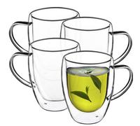 Kadax Double Walled Glass Cup, Transparent Cup With Handle For Tea, Matcha, Juice, Water, Lightweight Coffee Mug (270 Ml, 4 Cup)
