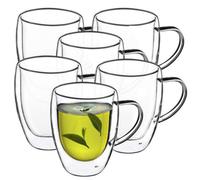 Kadax Double Walled Glass Cup, Transparent Cup With Handle For Tea, Matcha, Juice, Water, Lightweight Coffee Mug (270 Ml, 6 Cup)