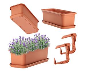 Kadax Flower Box With Base And Balcony Box Holder, Plastic Balcony Box, Planter For Indoor And Outdoor Use (Terra)