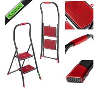 KADAX Folding Steel Ladder, Black/Red Step Ladder, 2 Steps, Load Capacity 150 kg, Non-Slip Steps, Foldable, Up to 2.5m Height