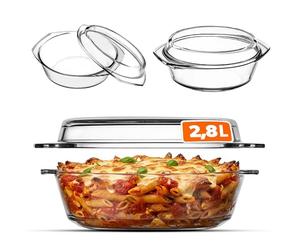 KADAX Glass Casserole Dish, Ovenproof Dish with Lid and Handles for Lasagne, Heat-Resistant Dish for Cooking, Baking, Roasting (Round, 2.8L)