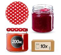 KADAX Glass Jars 200 ml, Small Preserving Jars with Metal Lids for Homemade Jam and Honey, Jars for Storing Spices and Herbs (Red Hearts, Set of 10)
