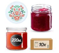KADAX Glass Jars 200 ml, Small Preserving Jars with Metal Lids for Homemade Jam and Honey, Jars for Storing Spices and Herbs (Folklore, Set of 10)