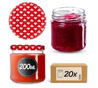 KADAX Glass Jars 200 ml, Small Preserving Jars with Metal Lids for Homemade Jam and Honey, Jars for Storing Spices and Herbs (Red Hearts, Set of 20)