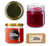 KADAX Glass Jars 200 ml, Small Preserving Jars with Metal Lids for Homemade Jam and Honey, Jars for Storing Spices and Herbs (Gold Lids, Set of 20)